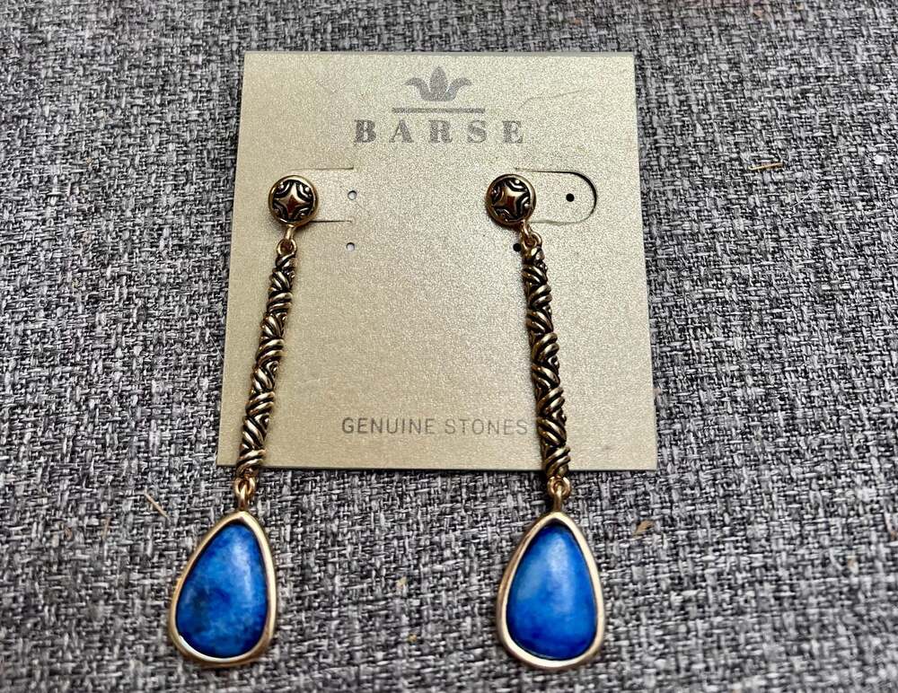 Barse Gold Tone Long Drop Earrings with Blue Teardrop Genuine Stones